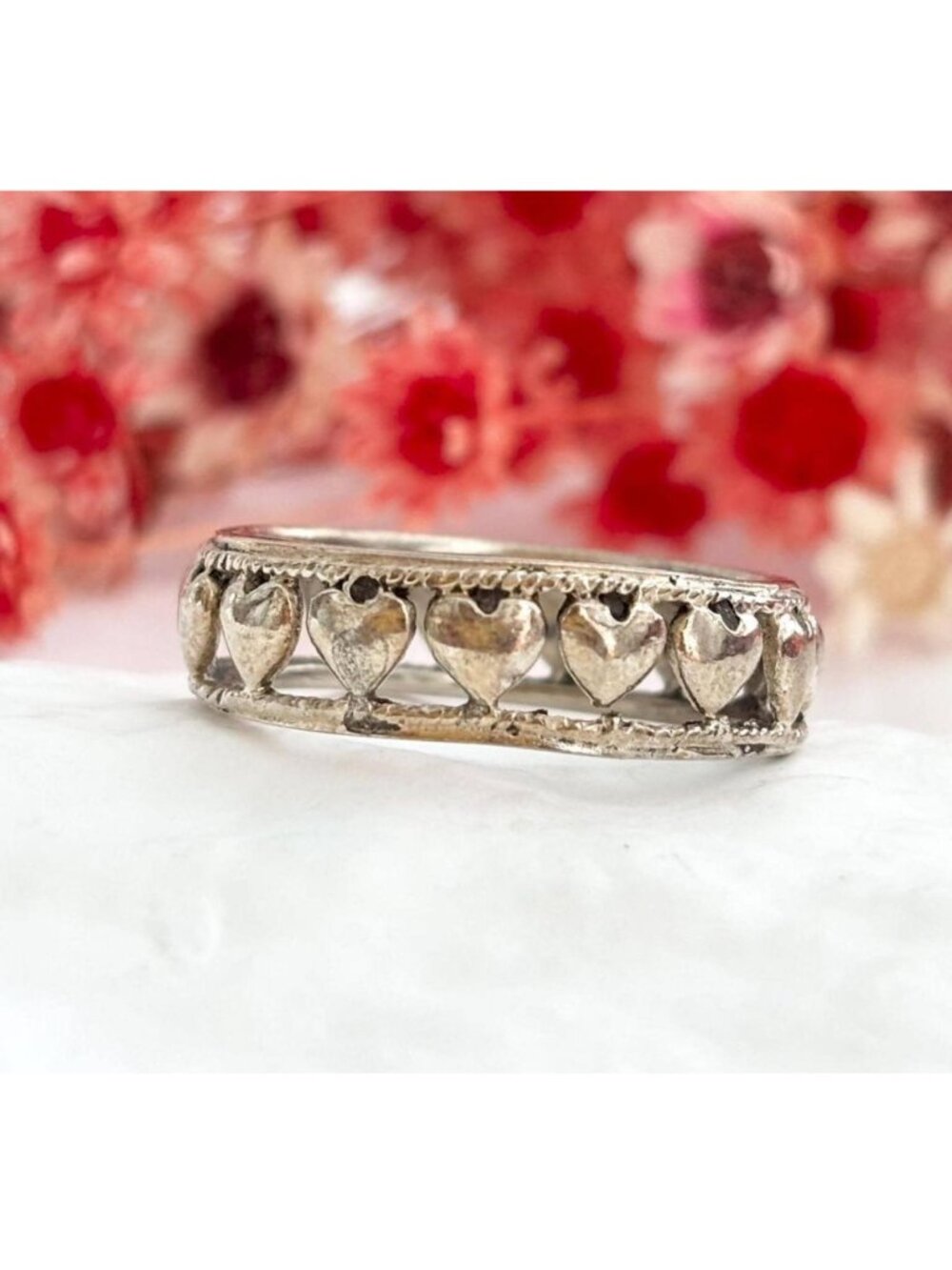 Frieze Style Heart Lined Sterling Silver 925 Vintage Ring - sz 8.5